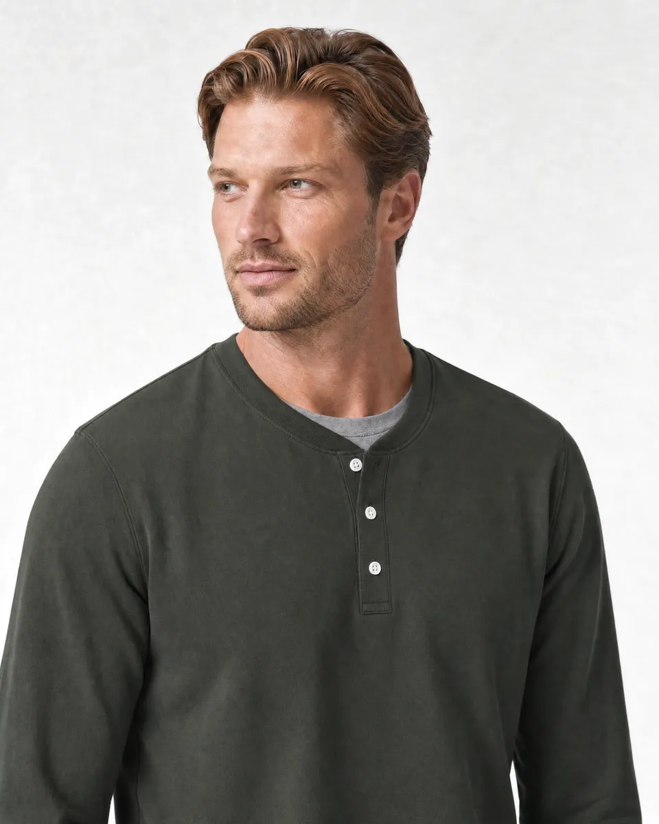 StringKing Men's Pima Terry Henley - Relaxed Fit, Moss, Collar Shoulder - Human Model