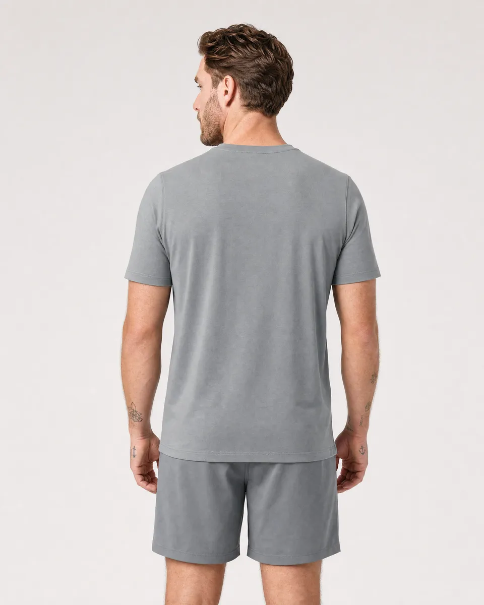 StringKing Men's StayWarm Tee - Sharp Fit, Gray, Full Back - Human Model - Top of head to Mid-thigh