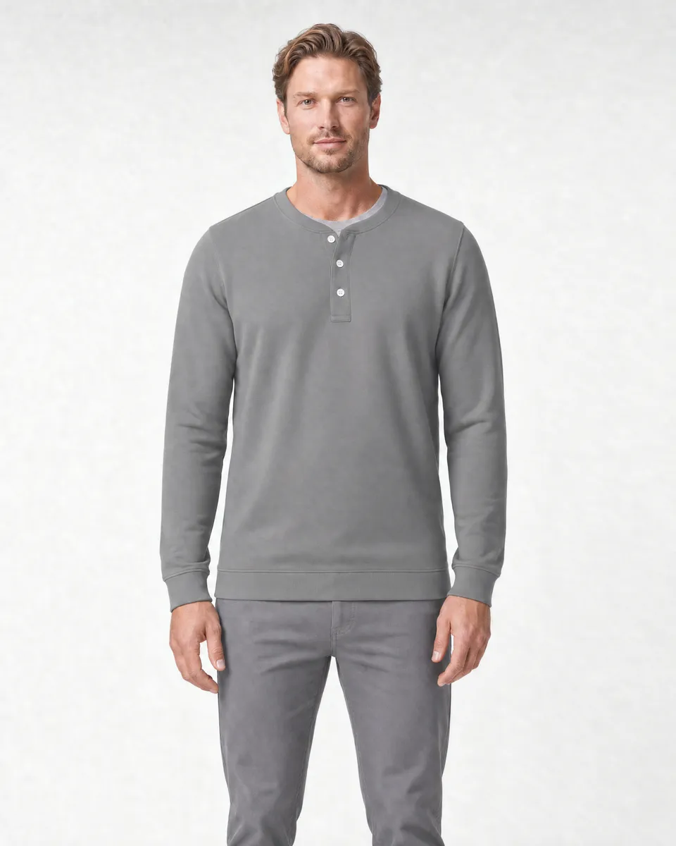 StringKing Men's Pima Terry Henley - Sharp Fit, Frost Gray, Full Front - Human Model - Top of head to Knees
