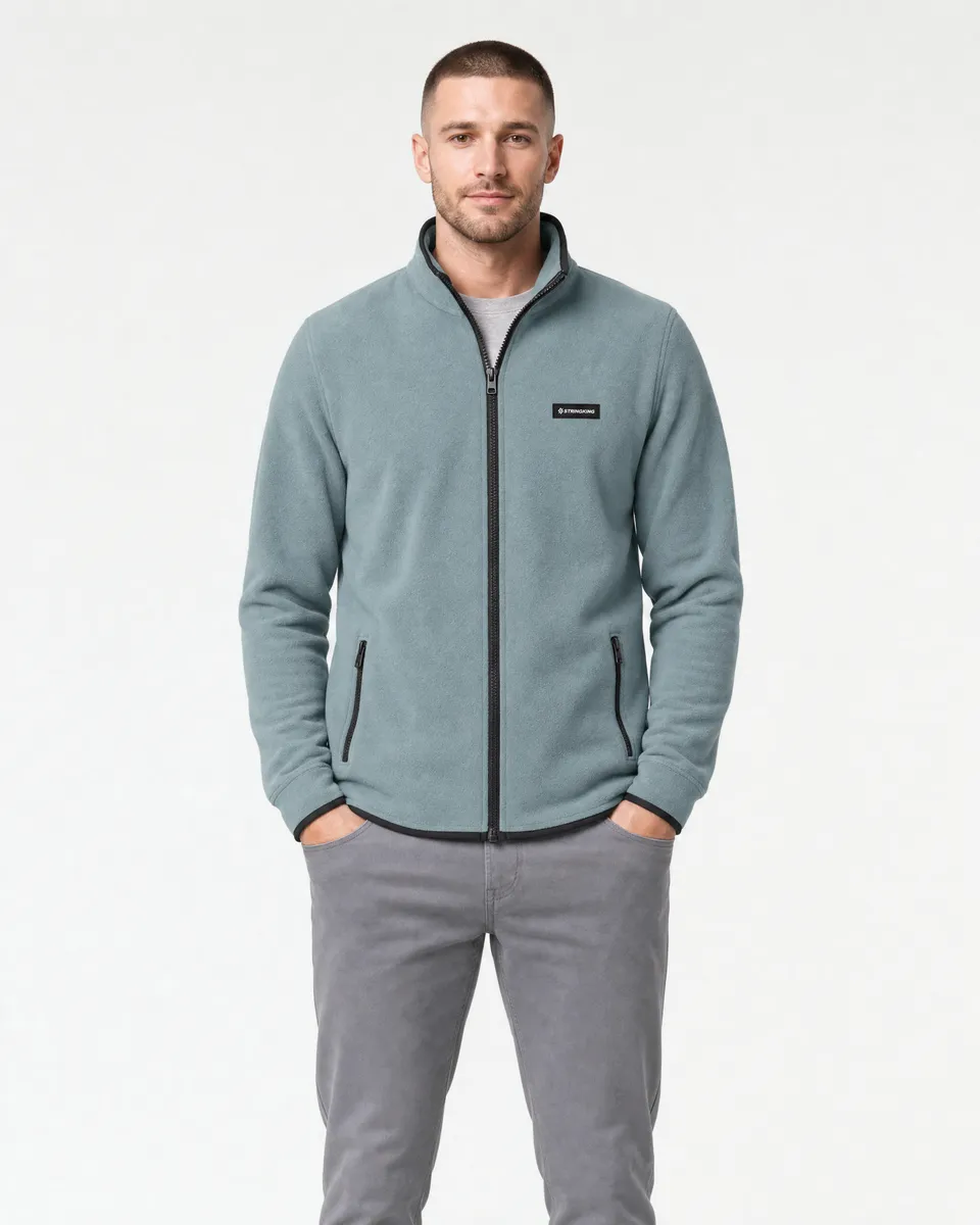 StringKing Men's Polartec Fleece Full Zip with Pockets - Relaxed Fit, Slate, Full Front - Human Model - Top of head to Knees