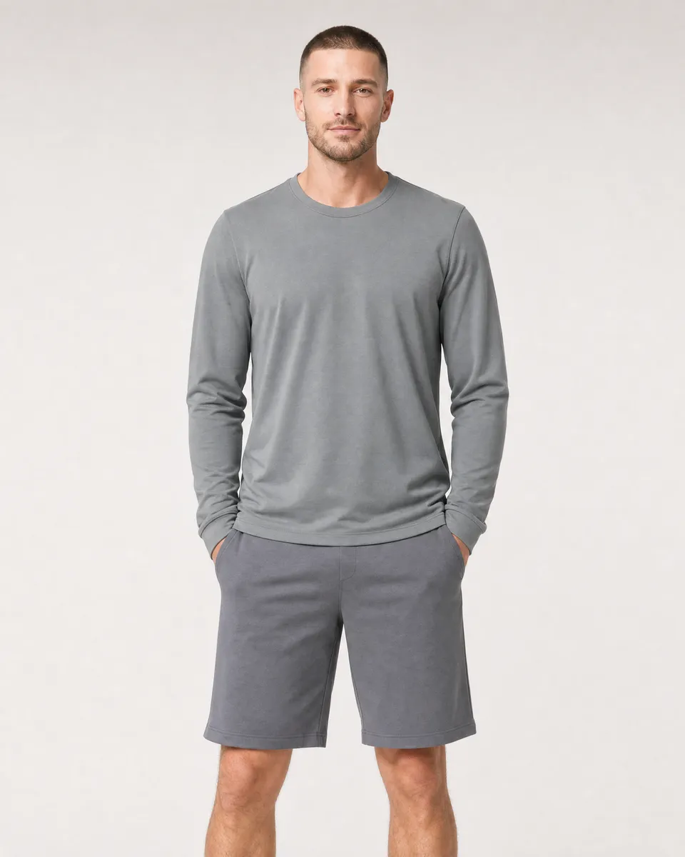StringKing Men's StayWarm Long Sleeve Tee - Sharp Fit, Gray, Full Front - Human Model - Top of head to Knees
