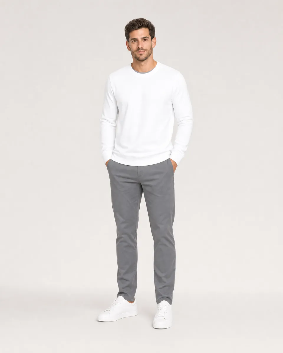 StringKing Men's Pima Terry Crew Sweater - Sharp Fit, White, Full Front - Human Model
