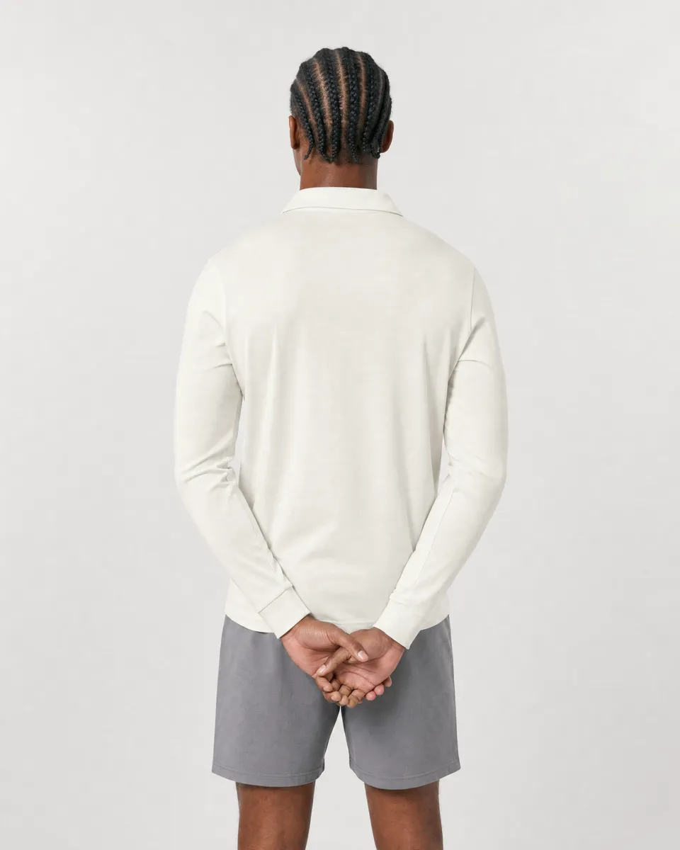 StringKing Men's Pima Jersey Long Sleeve Polo - Sharp Fit, Tofu, Full Back - Human Model - Top of head to Mid-thigh