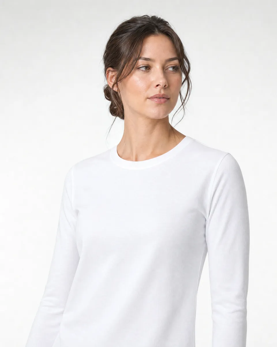 StringKing Women's Pima Jersey Long Sleeve Tee - Sharp Fit, White, Collar Shoulder - Human Model