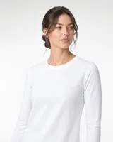 StringKing Women's Pima Jersey Long Sleeve Tee - Sharp Fit, White, Collar Shoulder - Human Model