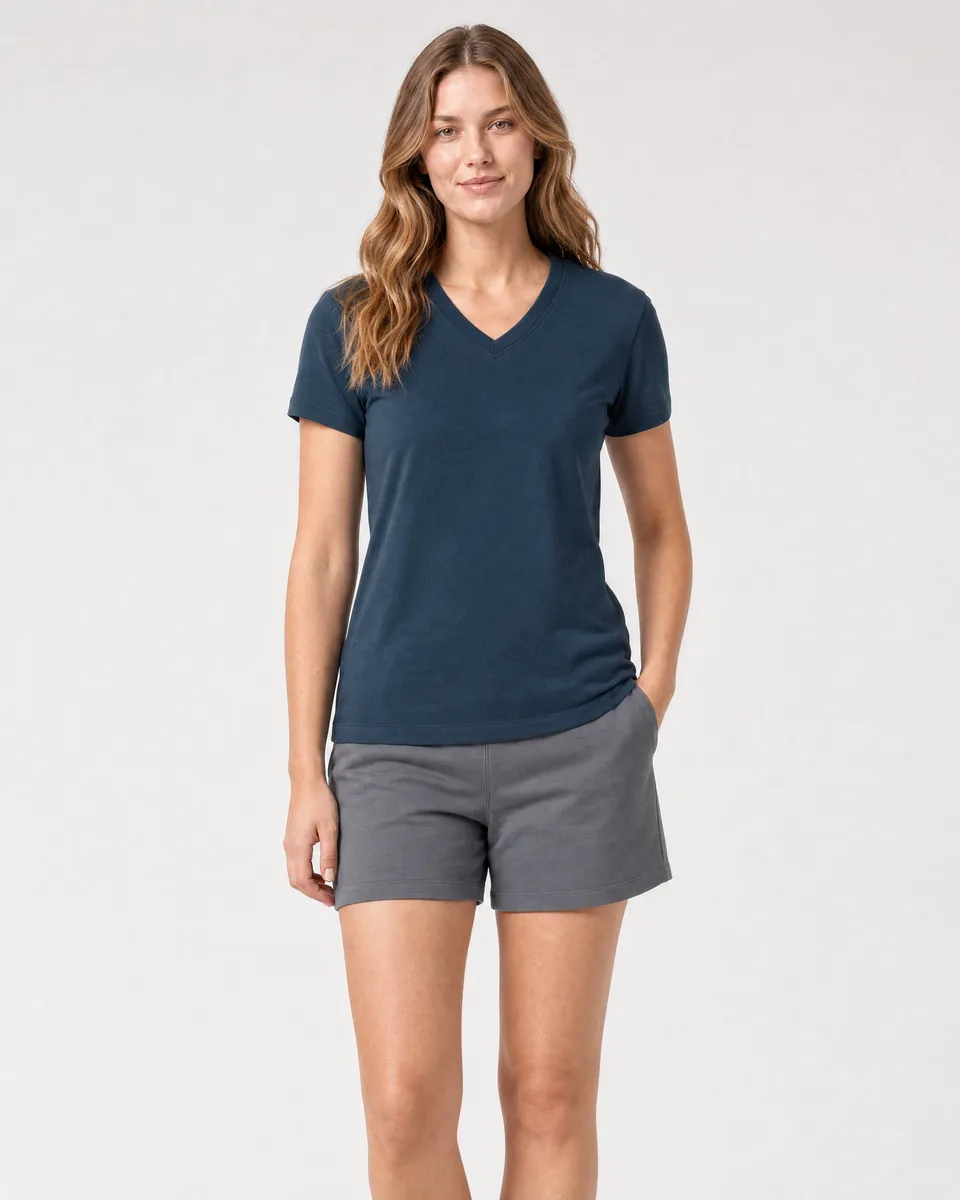StringKing Women's Pima Terry V-Neck Tee - Sharp Fit, Navy, Full Front - Human Model - Top of head to Knees