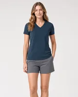 StringKing Women's Pima Terry V-Neck Tee - Sharp Fit, Navy, Full Front - Human Model - Top of head to Knees
