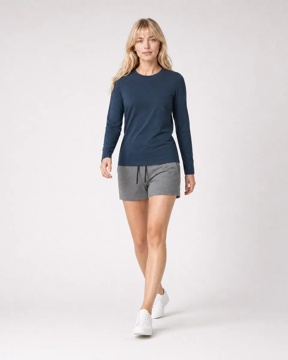 StringKing Women's Pima Jersey Long Sleeve Tee - Sharp Fit, Navy, Full Front Angle - Human Model