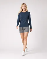 StringKing Women's Pima Jersey Long Sleeve Tee - Sharp Fit, Navy, Full Front Angle - Human Model