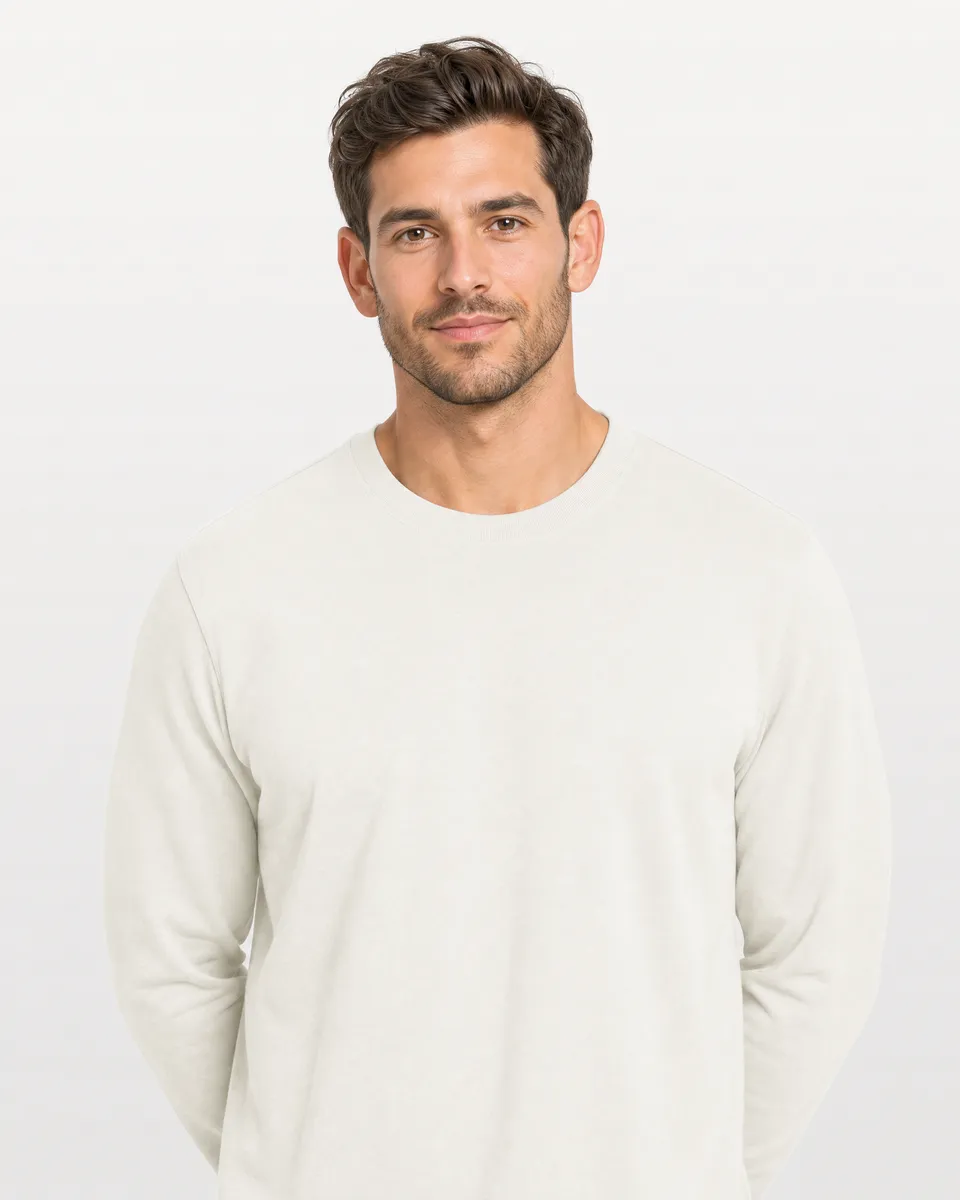 StringKing Men's Pima Terry Long Sleeve Tee - Relaxed Fit, Tofu, Collar Shoulder - Human Model