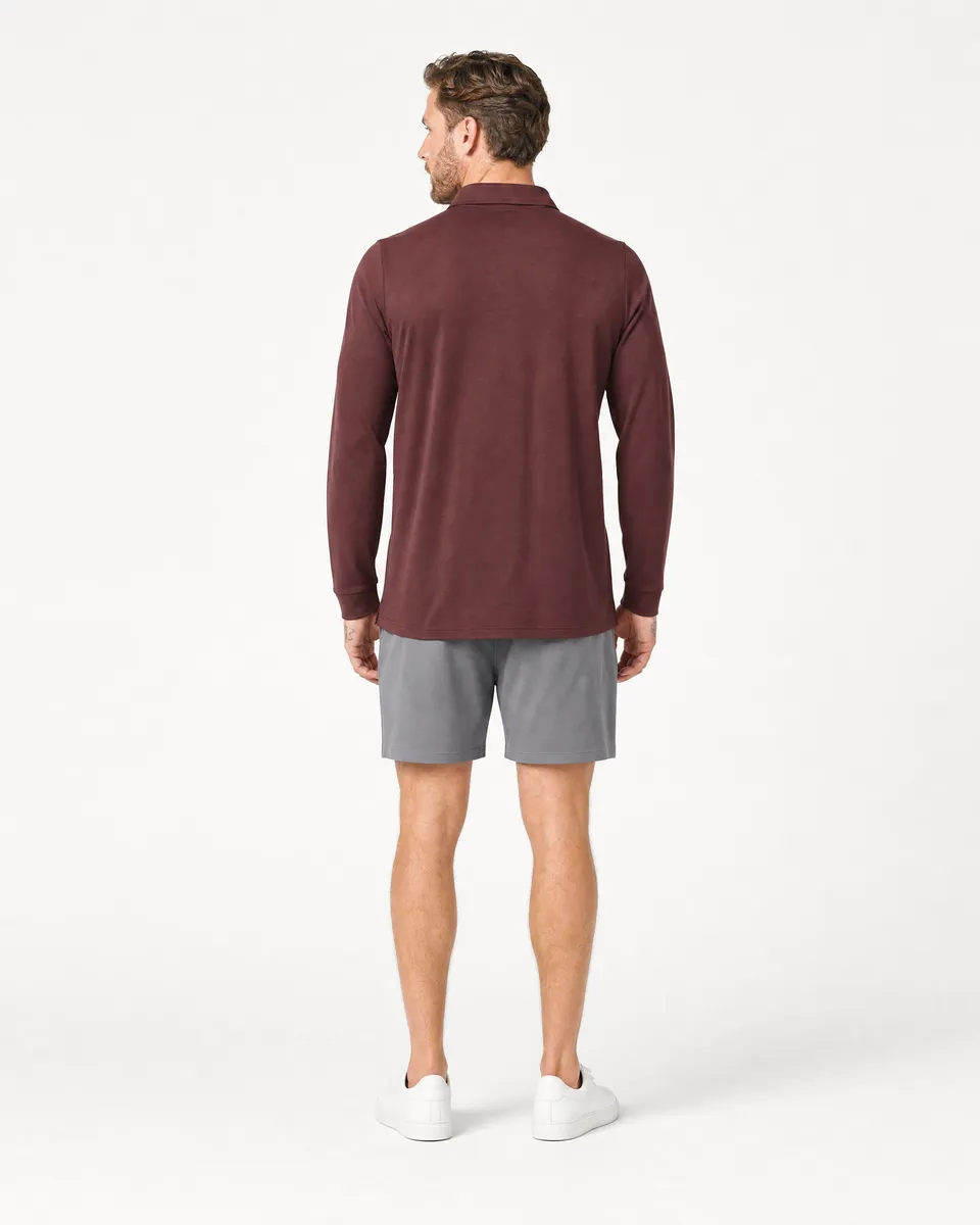 StringKing Men's Pima Jersey Long Sleeve Polo - Relaxed Fit, New Maroon, Full Back - Human Model - Top of head to Mid-thigh