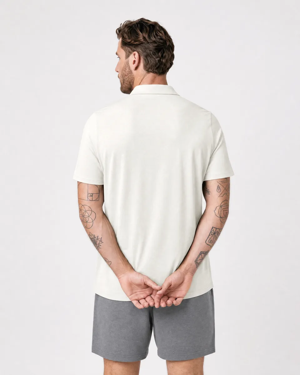 StringKing Men's Pima Jersey Classic Polo - Relaxed Fit, Tofu, Full Back - Human Model - Top of head to Mid-thigh