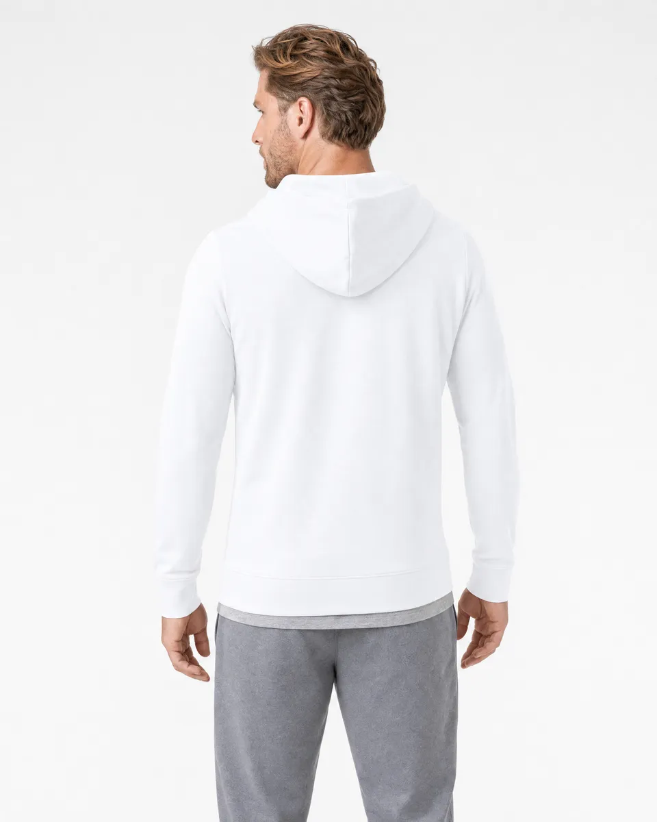 StringKing Men's StayWarm Hoodie - Sharp Fit, White, Full Back - Human Model - Top of head to Mid-thigh