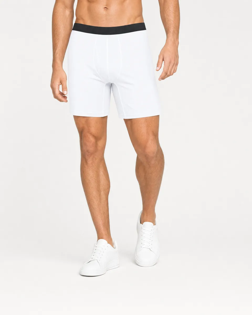 StringKing Men's StayCool Boxers - Relaxed Fit, White, Full Front - Human Model - Waist to Mid-calf