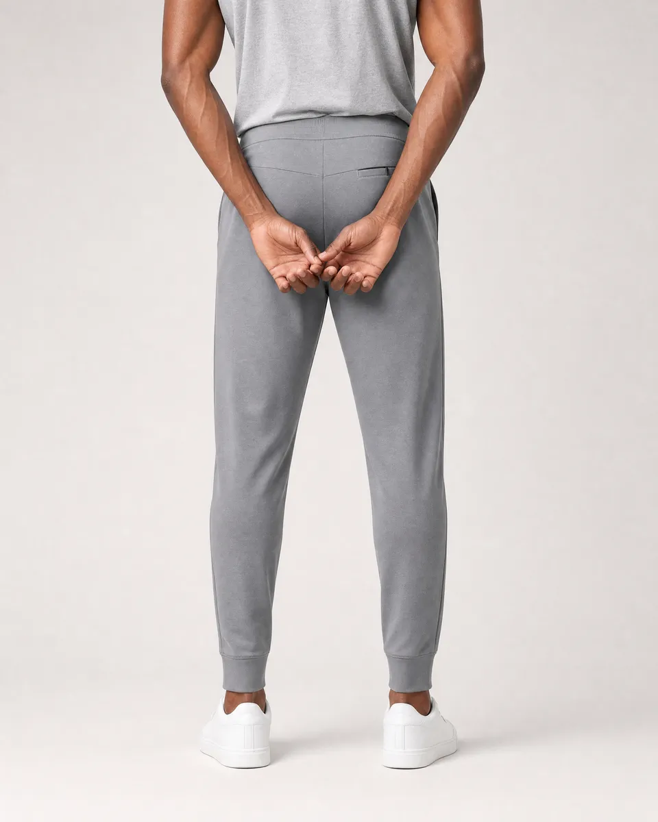 StringKing Men's StayWarm Joggers - Sharp Fit, Gray, Full Back - Human Model - Chest to Feet