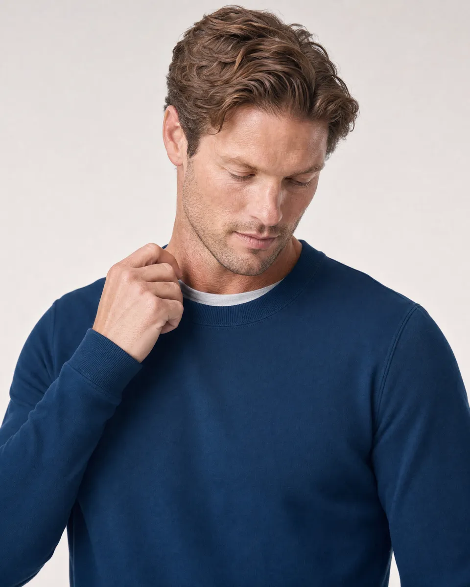 StringKing Men's StayWarm Sweater - Sharp Fit, Navy Blue, Collar Shoulder - Human Model