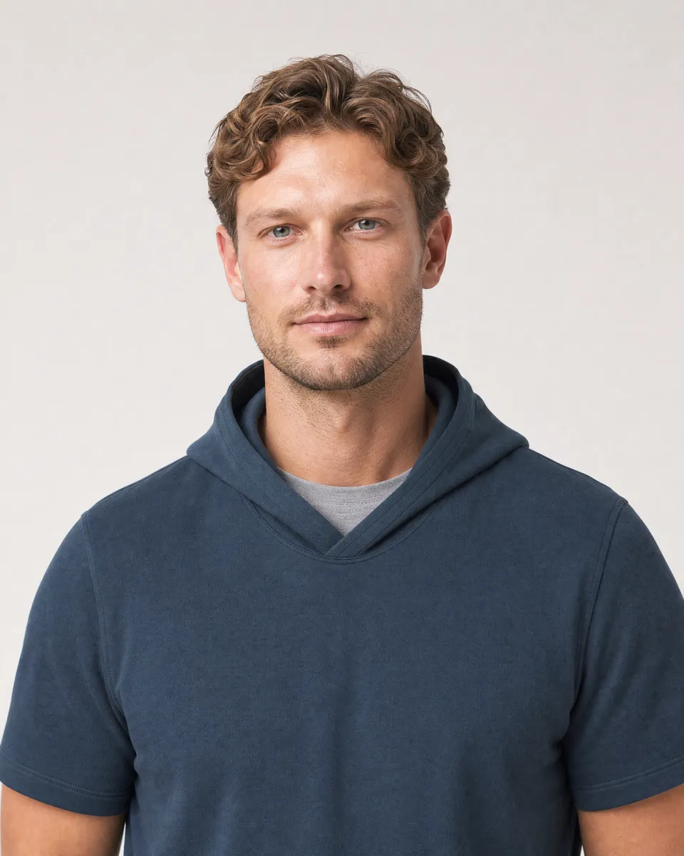 StringKing Men's Pima Terry Short Sleeve Hoodie - Sharp Fit, Navy, Collar Shoulder - Human Model