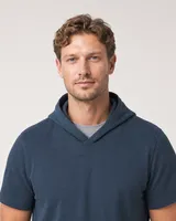 StringKing Men's Pima Terry Short Sleeve Hoodie - Sharp Fit, Navy, Collar Shoulder - Human Model