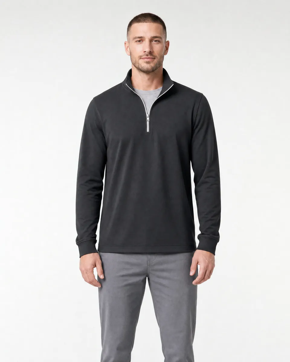 StringKing Men's StayWarm Quarter Zip - Relaxed Fit, Black, Full Front - Human Model - Top of head to Knees