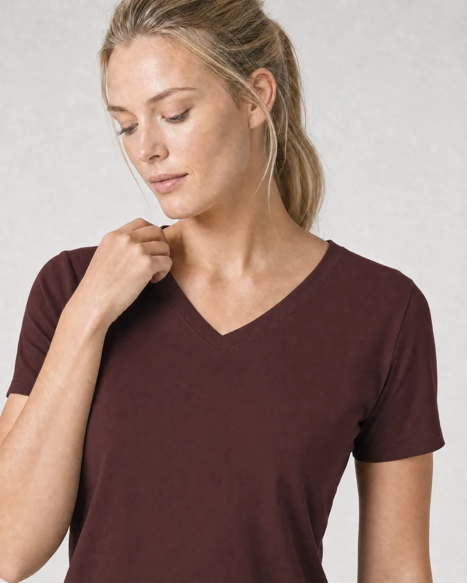 StringKing Women's Pima Jersey V-Neck Tee - Sharp Fit, New Maroon, Collar Shoulder - Human Model