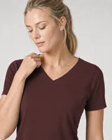 StringKing Women's Pima Jersey V-Neck Tee - Sharp Fit, New Maroon, Collar Shoulder - Human Model