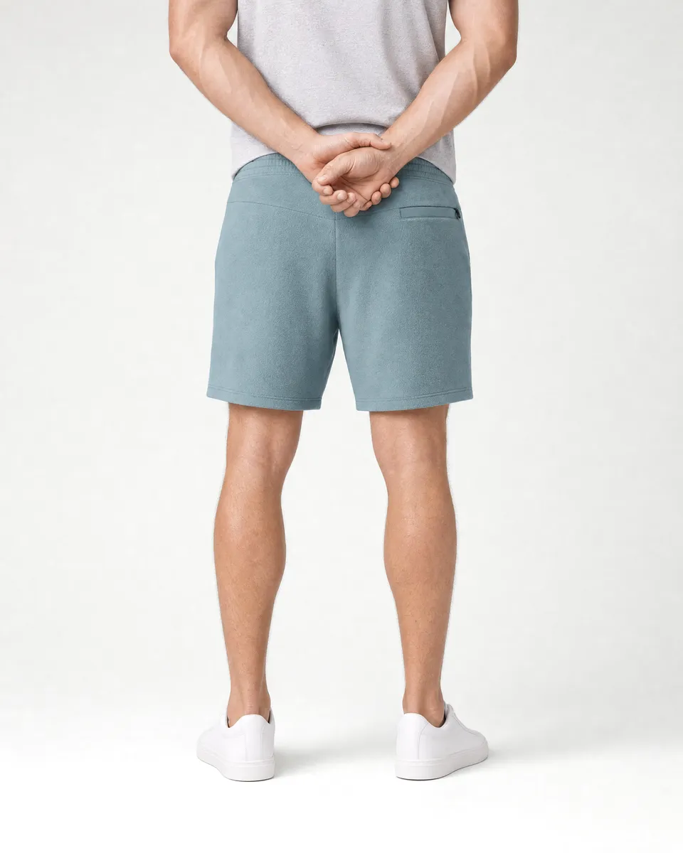 StringKing Men's Polartec Fleece Shorts - Relaxed Fit, Slate, Full Back - Human Model - Chest to Feet