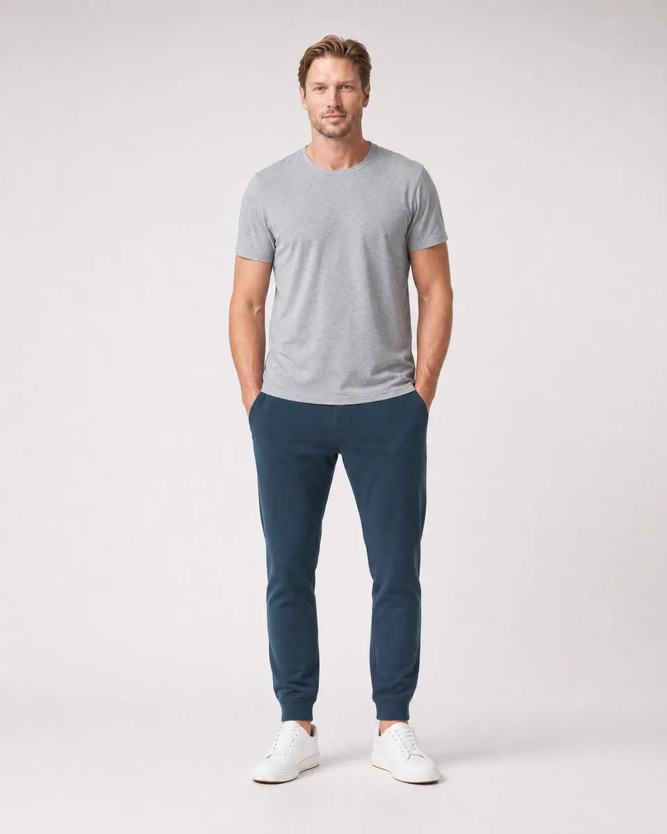 StringKing Men's Pima Terry Sweatpants - Sharp Fit, Navy, Full Front - Human Model