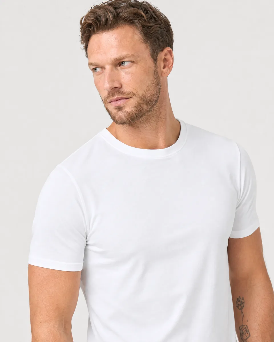 StringKing Men's Pima Terry Tee - Relaxed Fit, White, Collar Shoulder - Human Model