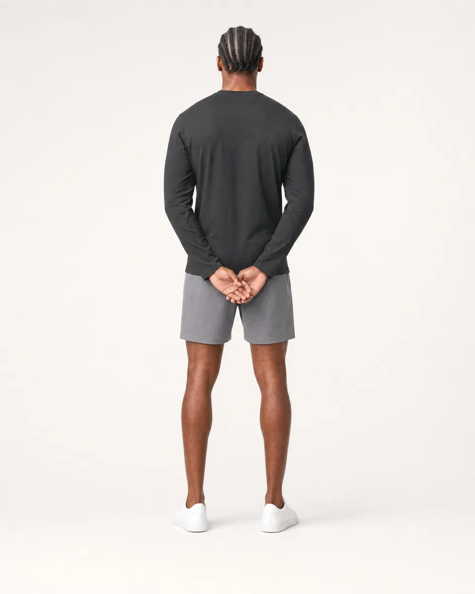StringKing Men's StayWarm Long Sleeve Tee - Sharp Fit, Black, Full Back - Human Model - Top of head to Mid-thigh
