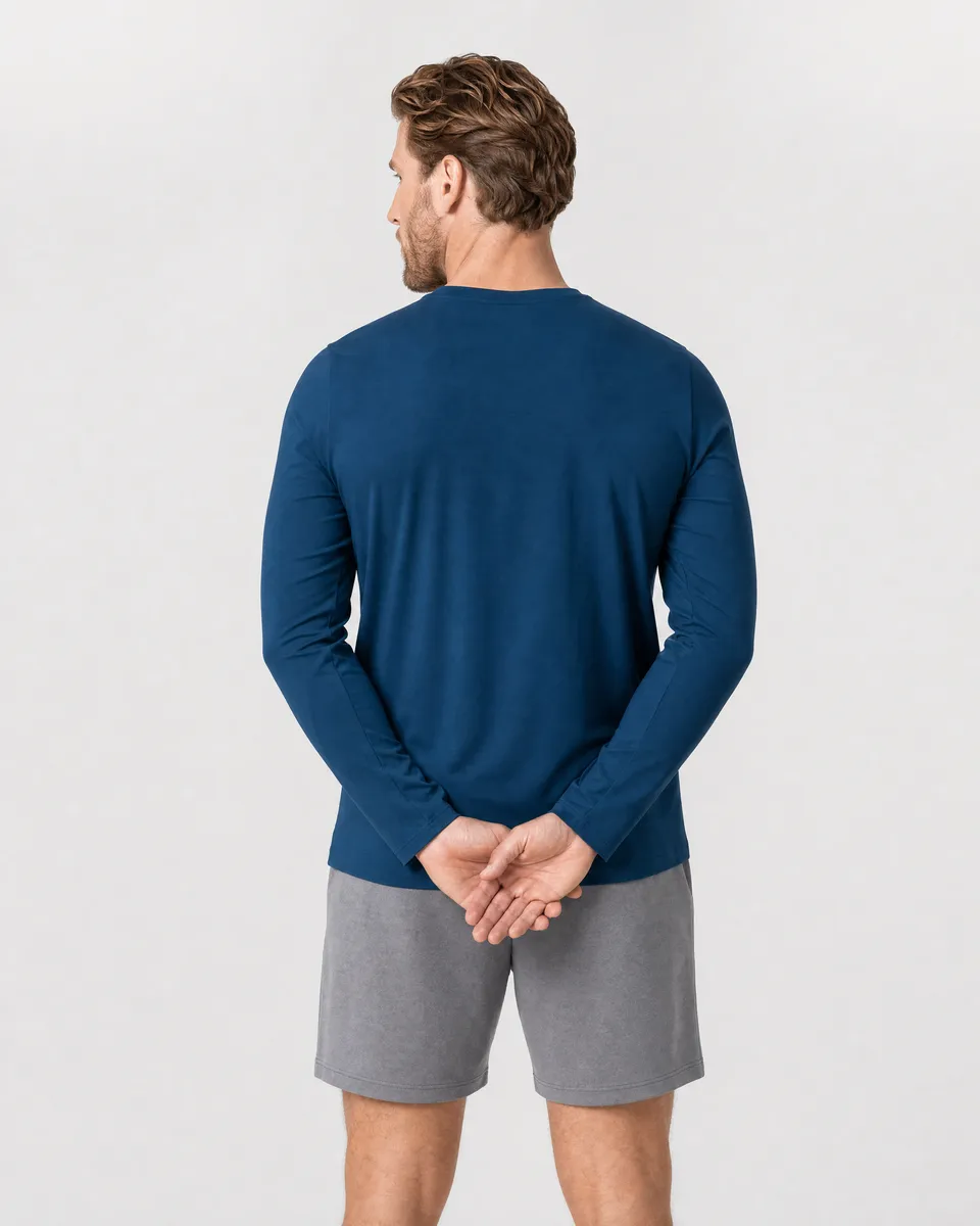 StringKing Men's StayWarm Long Sleeve Tee - Sharp Fit, Navy Blue, Full Back - Human Model - Top of head to Mid-thigh