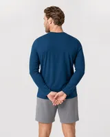 StringKing Men's StayWarm Long Sleeve Tee - Sharp Fit, Navy Blue, Full Back - Human Model - Top of head to Mid-thigh