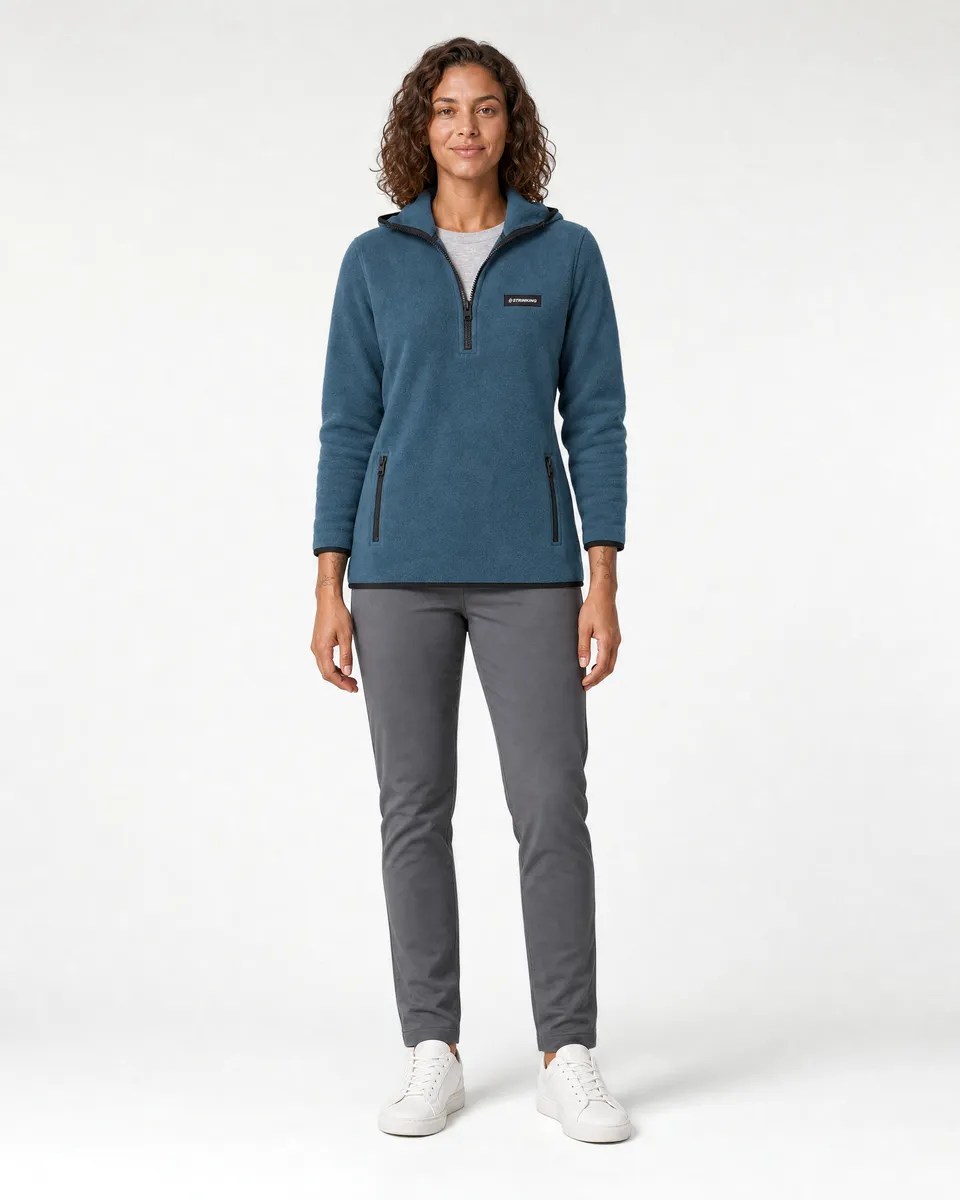 StringKing Women's Polartec Fleece Quarter Zip Hoodie with Pockets - Relaxed Fit, Indian Teal, Full Front - Human Model
