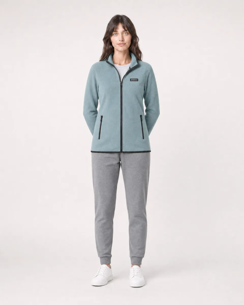 StringKing Women's Polartec Fleece Full Zip with Pockets - Sharp Fit, Slate, Full Front - Human Model - Top of head to Knees