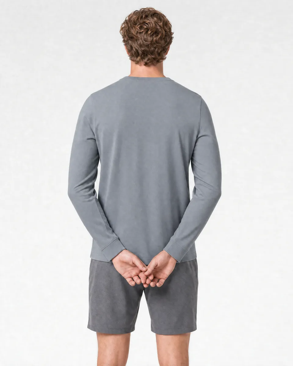 StringKing Men's Pima Terry Long Sleeve Tee - Sharp Fit, Tradewinds, Full Back - Human Model - Top of head to Mid-thigh