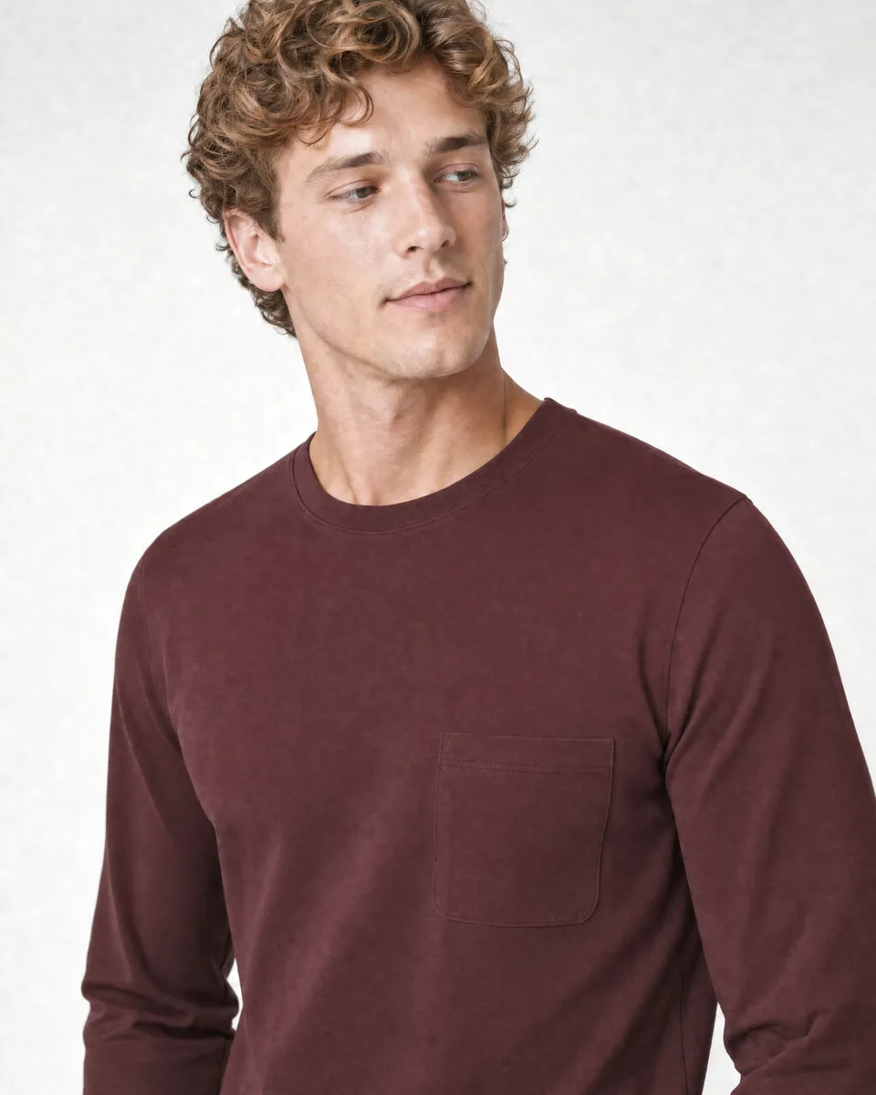 StringKing Men's Pima Jersey Long Sleeve Pocket Tee - Sharp Fit, New Maroon, Collar Shoulder - Human Model