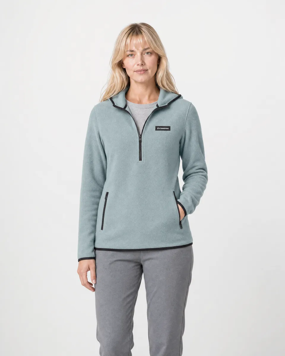 StringKing Women's Polartec Fleece Quarter Zip Hoodie with Pockets - Sharp Fit, Slate, Full Front - Human Model - Top of head to Knees