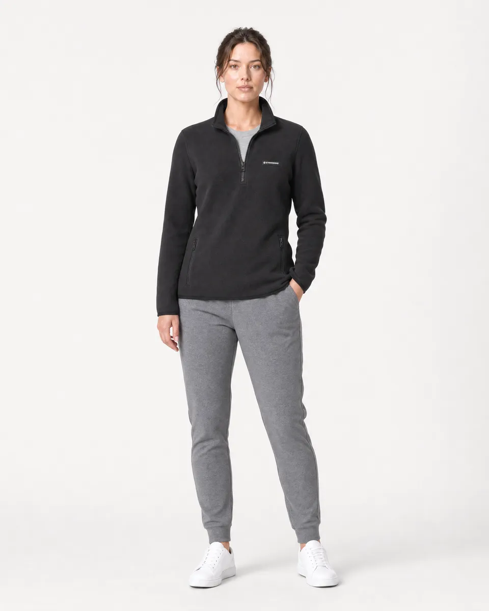 StringKing Women's Polartec Fleece Quarter Zip with Pockets - Sharp Fit, Meteorite, Full Front - Human Model - Top of head to Knees