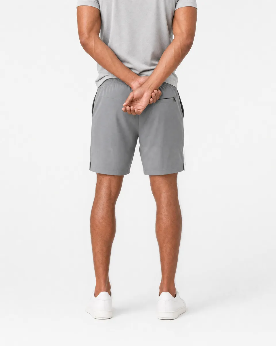 StringKing Men's Velocity Short - Sharp Fit, Gray, 8 inch, Full Back - Human Model - Chest to Feet