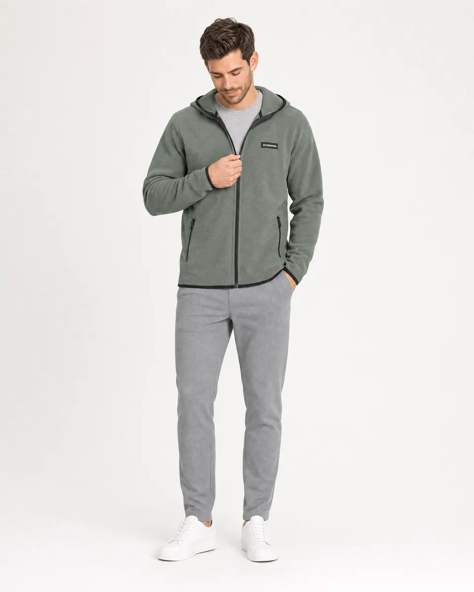 StringKing Men's Polartec Fleece Full Zip Hoodie with Pockets - Sharp Fit, Avenue Green, Collar Shoulder - Human Model