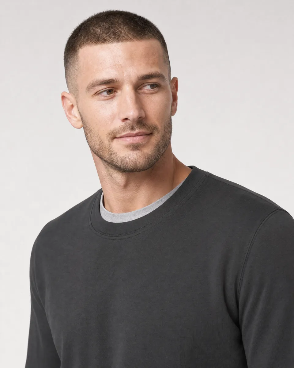 StringKing Men's Pima Terry Crew Sweater - Sharp Fit, Peat, Collar Shoulder - Human Model