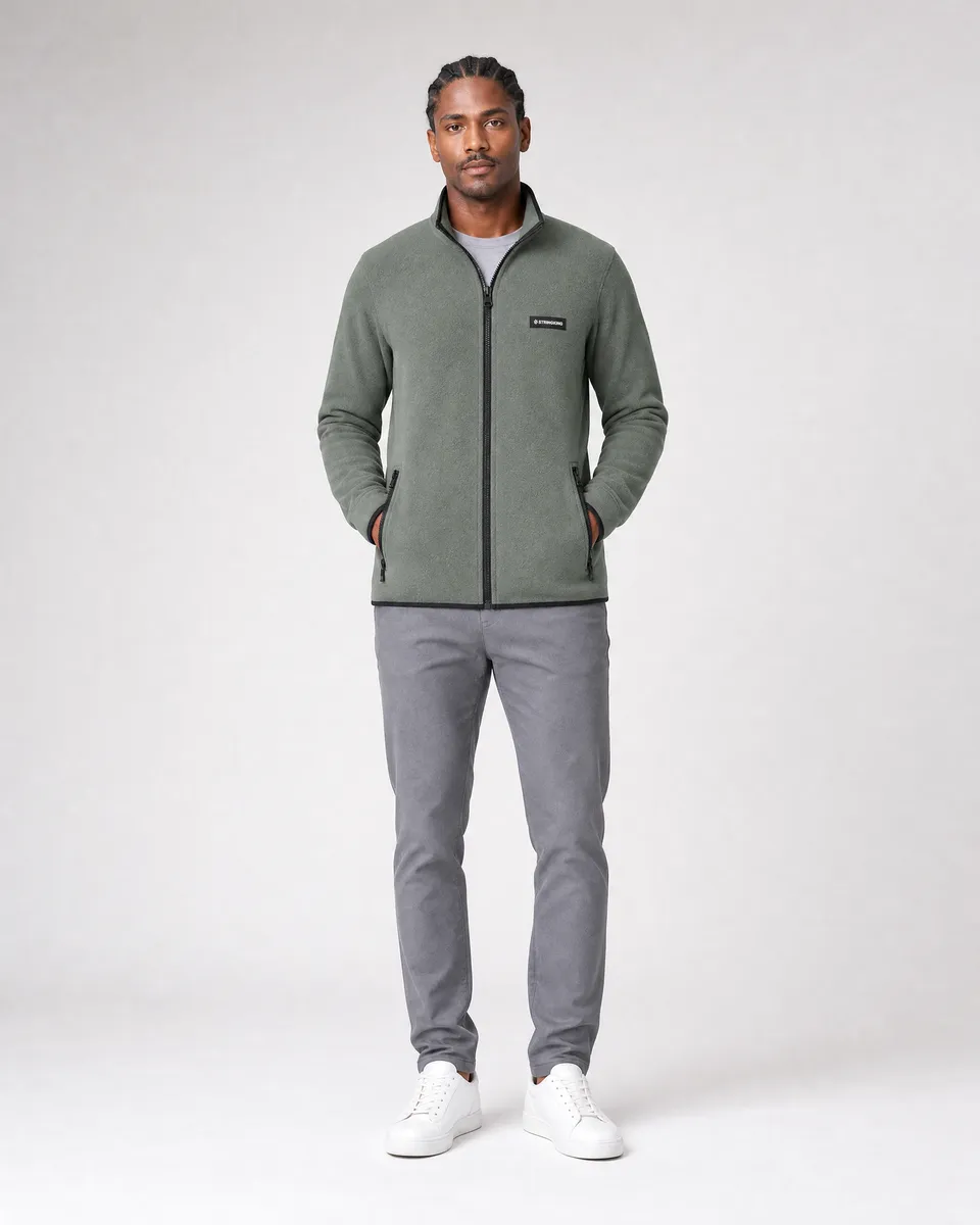 StringKing Men's Polartec Fleece Full Zip with Pockets - Sharp Fit, Avenue Green, Full Front - Human Model