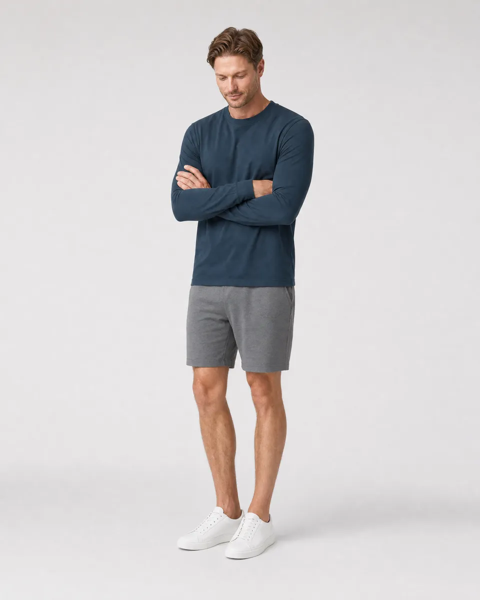 StringKing Men's Pima Jersey Long Sleeve Tee - Sharp Fit, Navy, Full Front Angle - Human Model