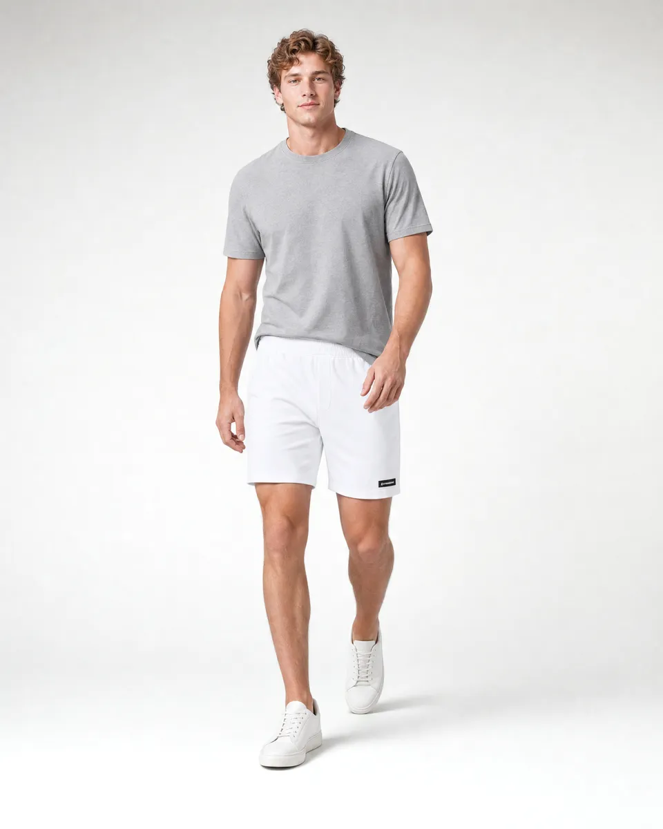 StringKing Men's Pima Terry Shorts - Relaxed Fit, White, Full Front Angle - Human Model