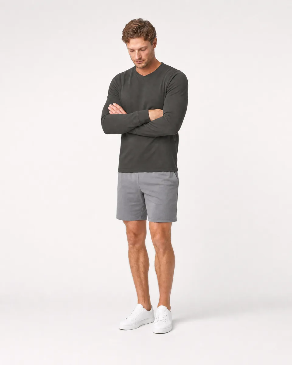 StringKing Men's Pima Terry Long Sleeve V-Neck Tee - Sharp Fit, Peat, Full Front Angle - Human Model