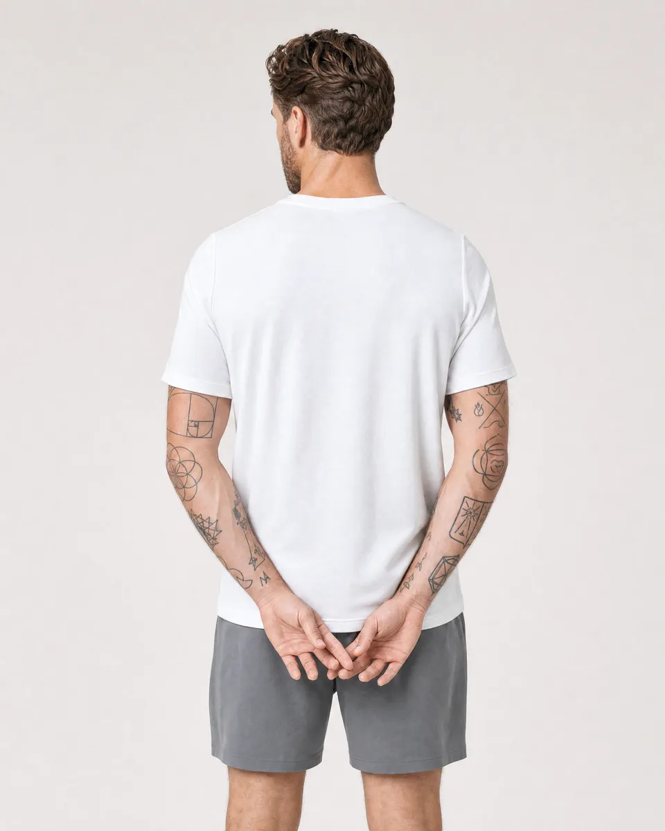 StringKing Men's Pima Terry Tee - Relaxed Fit, White, Full Back - Human Model - Top of head to Mid-thigh