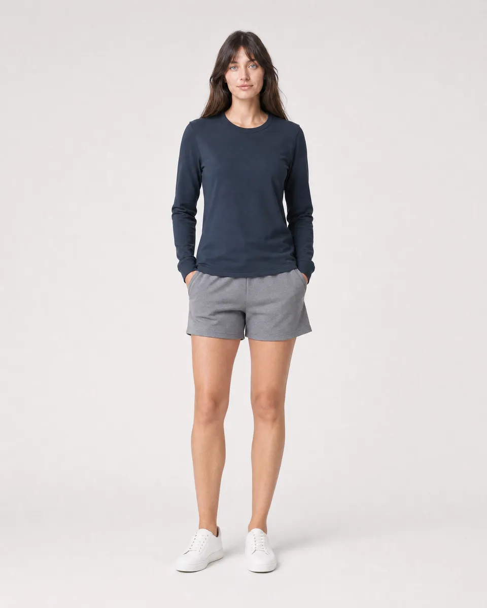 StringKing Women's Pima Terry Long Sleeve Tee - Sharp Fit, Navy, Full Front - Human Model