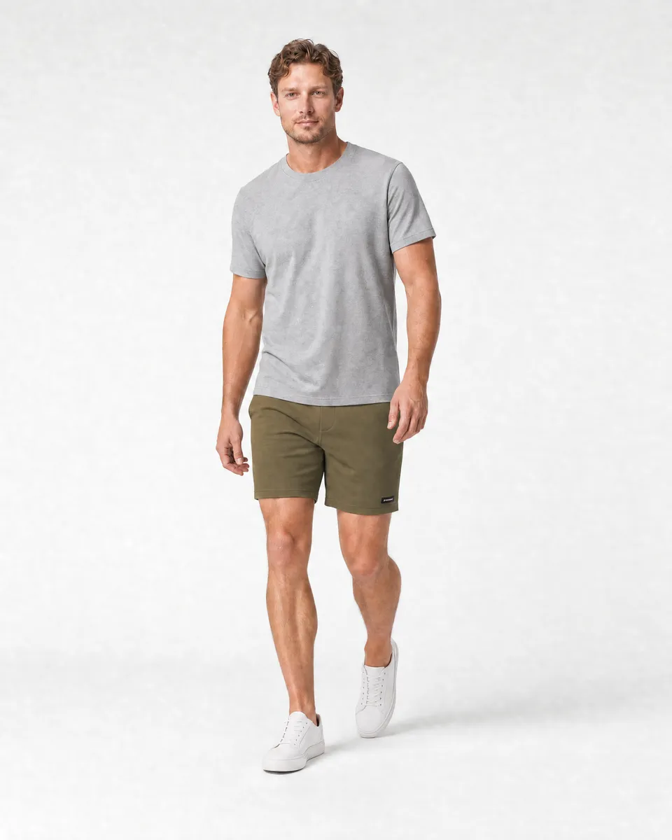 StringKing Men's Pima Terry Shorts - Relaxed Fit, Olive Drab, Full Front Angle - Human Model