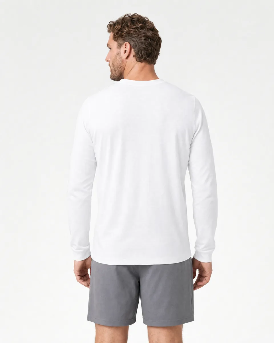 StringKing Men's Pima Jersey Long Sleeve Tee - Sharp Fit, White, Full Back - Human Model - Top of head to Mid-thigh