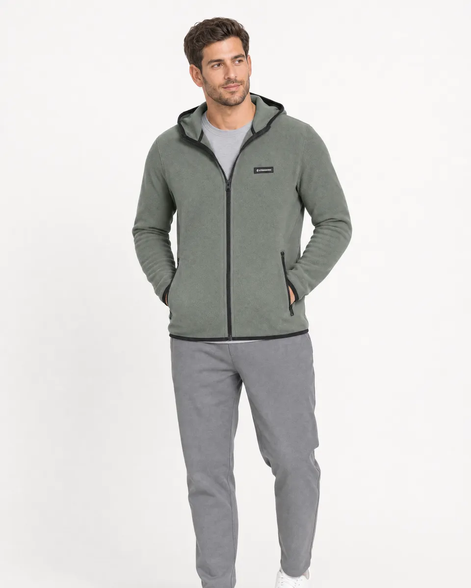 StringKing Men's Polartec Fleece Full Zip Hoodie with Pockets - Sharp Fit, Avenue Green, Full Front - Human Model - Top of head to Knees