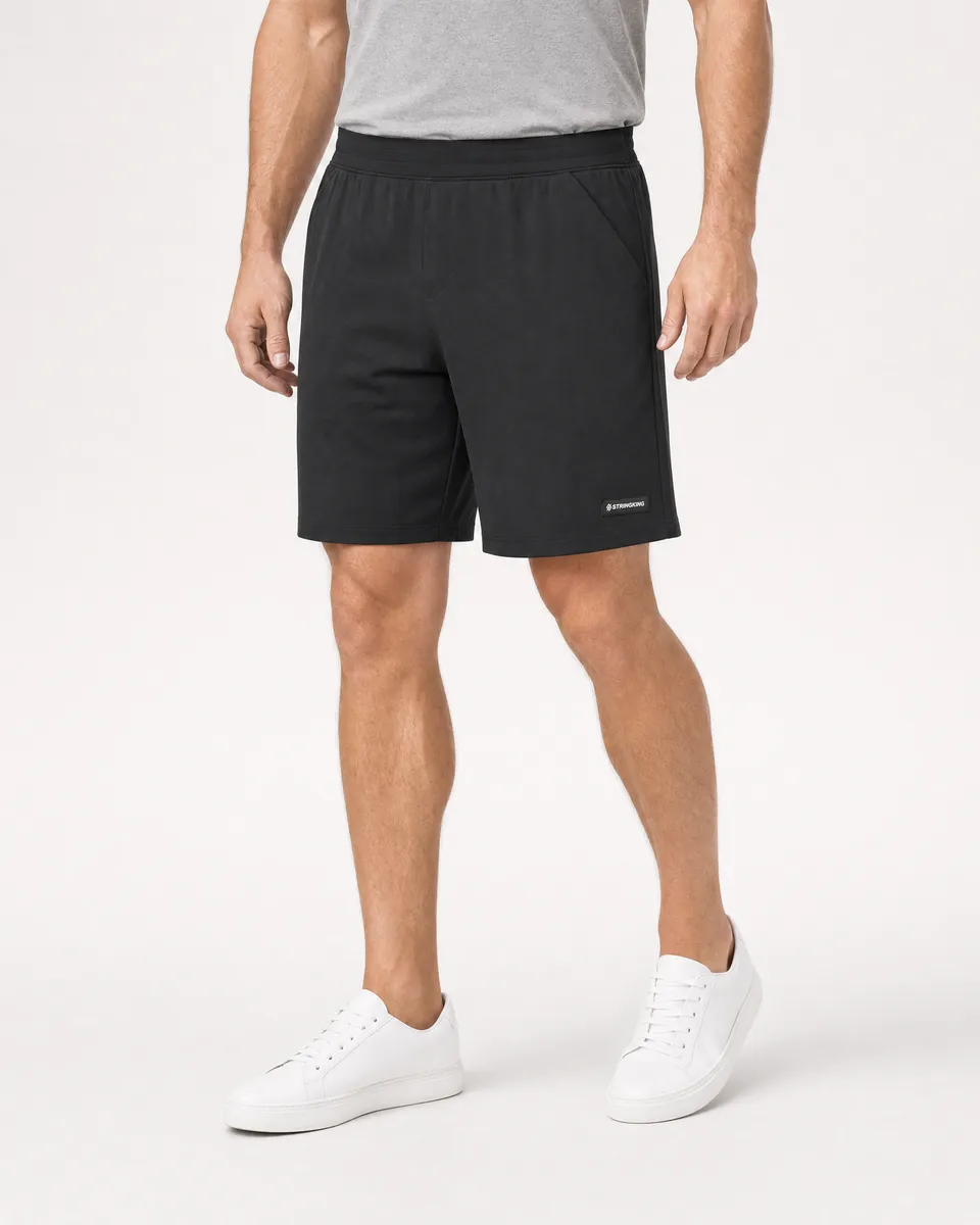 StringKing Men's StayWarm Shorts - Relaxed Fit, Black, Full Front - Human Model - Waist to Mid-calf